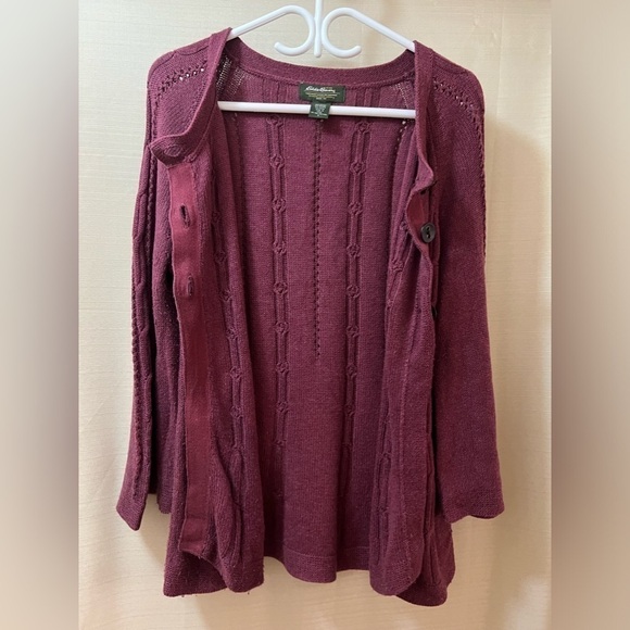 ⚫️ BOGO Eddie Bauer women’s burgundy cable knit cardigan size l - Picture 5 of 8